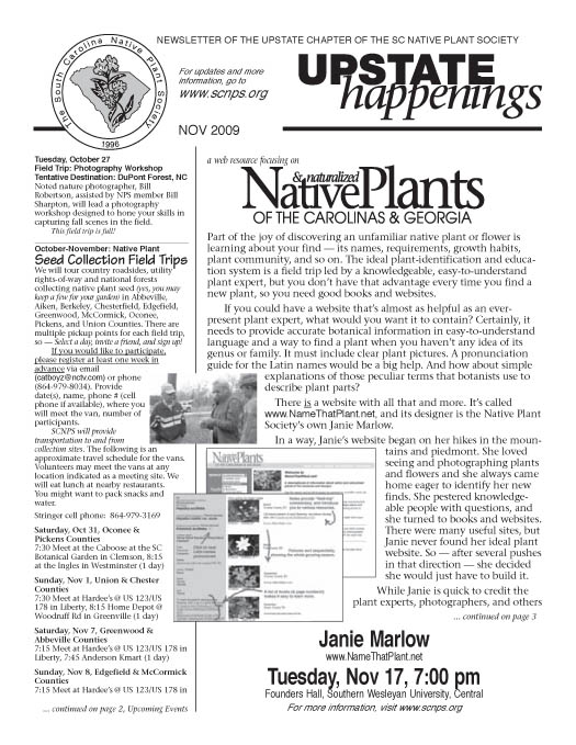 Nov 2009 newsletter of the Upstate Chapter of the South Carolina Native Plant Society